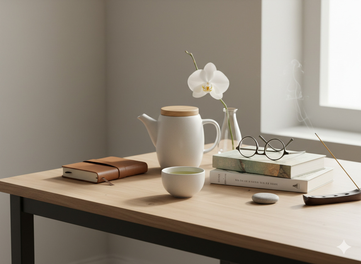 Balanced still life suggesting rest between tasks