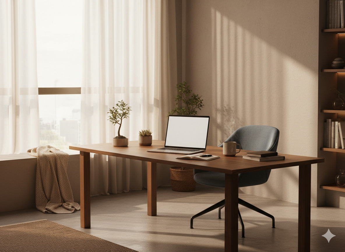 Calm workspace with soft light suggesting steadier focus